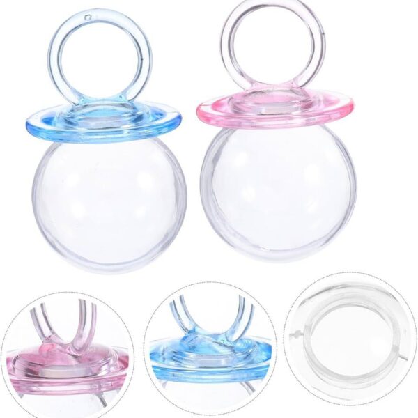 Contenants à dragées en plastique transparent en forme de tétines avec socles bleu et rose, idéaux pour décoration de baby shower et cadeaux de naissance.