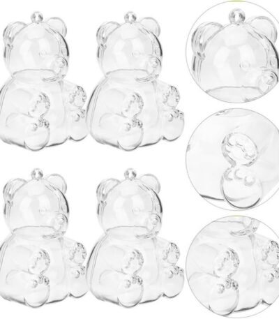 Lot de 4 contenants en plastique transparent en forme d'ourson avec détails en relief, idéal pour présenter des dragées ou petits bonbons colorés.