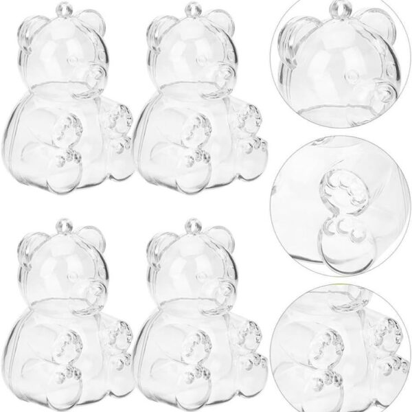 Lot de 4 contenants en plastique transparent en forme d'ourson avec détails en relief, idéal pour présenter des dragées ou petits bonbons colorés.