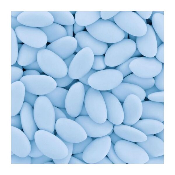 Dragées haut de gamme à l'amande Avola Marquise de Sicile, enrobage fin bleu ciel mat, idéal pour baptême garçon ou baby shower.