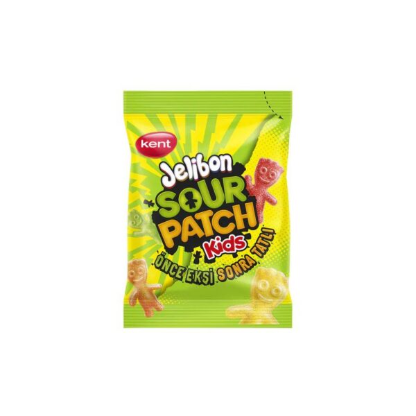 Sachet vert de bonbons Jelibon Sour Patch Kids avec des personnages gélifiés multicolores, texture saupoudrée de sucre acide, 5 saveurs fruitées classiques.
