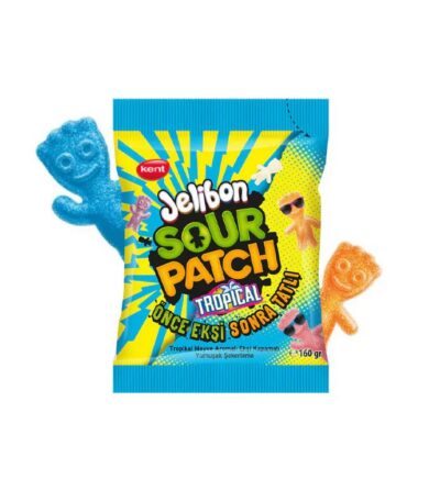 Sachet bleu de bonbons Jelibon Sour Patch Tropical avec des figurines de bonhommes gélifiés colorés et acidulés, saveurs tropicales.