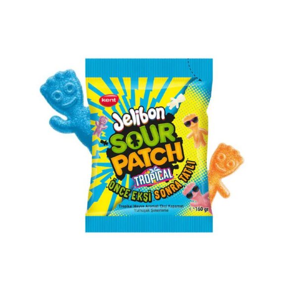 Sachet bleu de bonbons Jelibon Sour Patch Tropical avec des figurines de bonhommes gélifiés colorés et acidulés, saveurs tropicales.