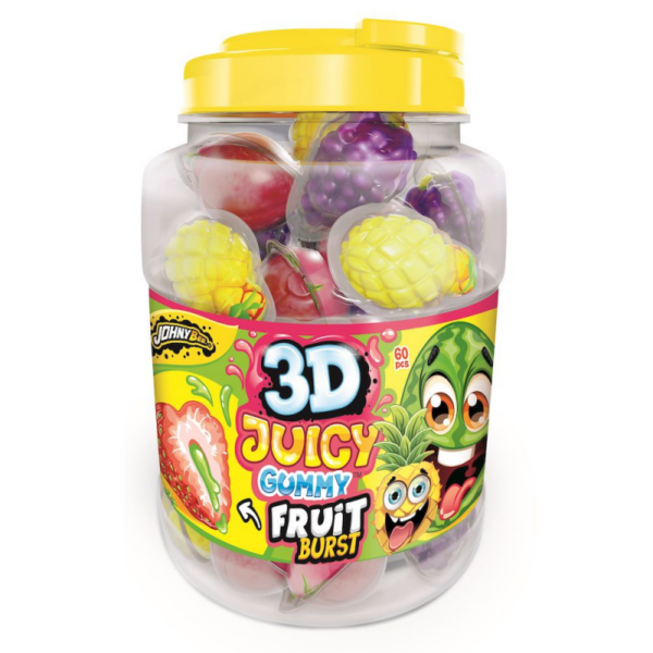 Pot de 60 bonbons gélifiés en forme de fruits 3D (fraise, raisin, ananas, pastèque) avec un centre de jus de fruit liquide, marque Johny Bee.