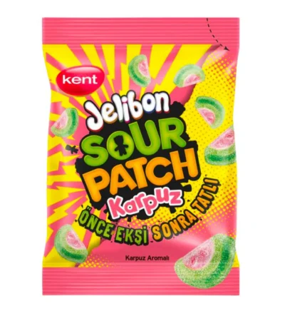 Sachet de bonbons Jelibon Sour Patch saveur pastèque, bonbons gélifiés bicolores vert et rose avec enrobage de sucre acide.