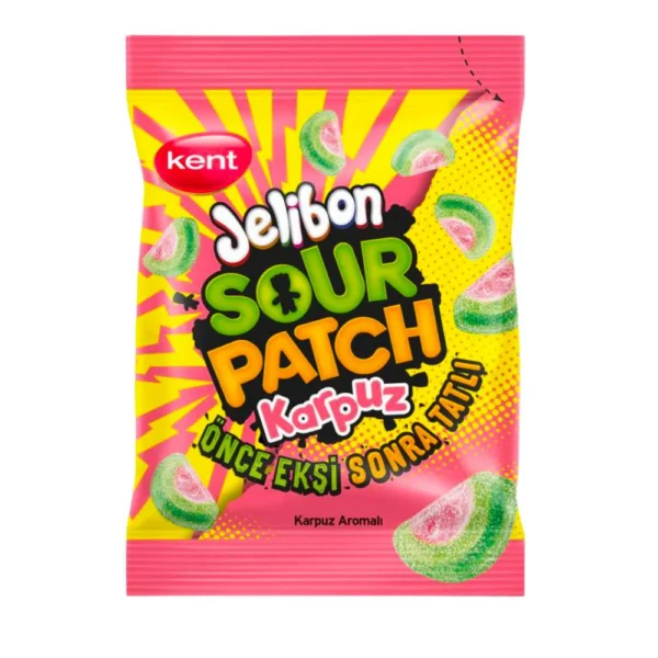 Sachet de bonbons Jelibon Sour Patch saveur pastèque, bonbons gélifiés bicolores vert et rose avec enrobage de sucre acide.